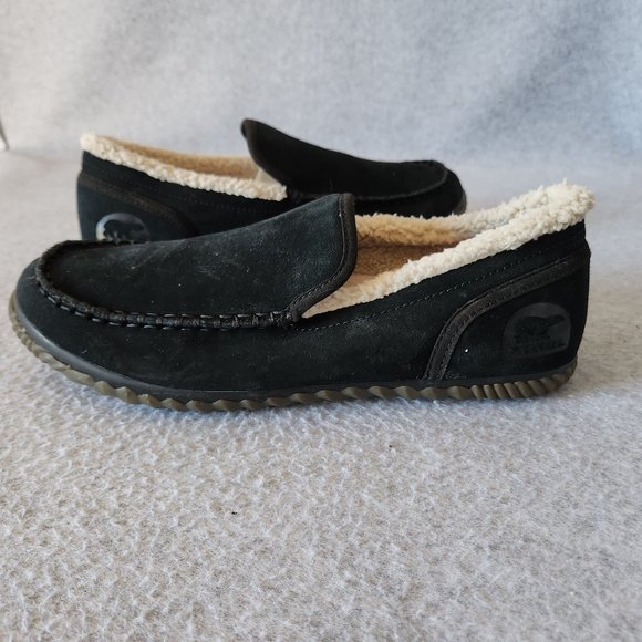 EUC Sorel Dude Moccasin Slipper Slip-On Black Suede Leather Wool Fleece Lining main image 4